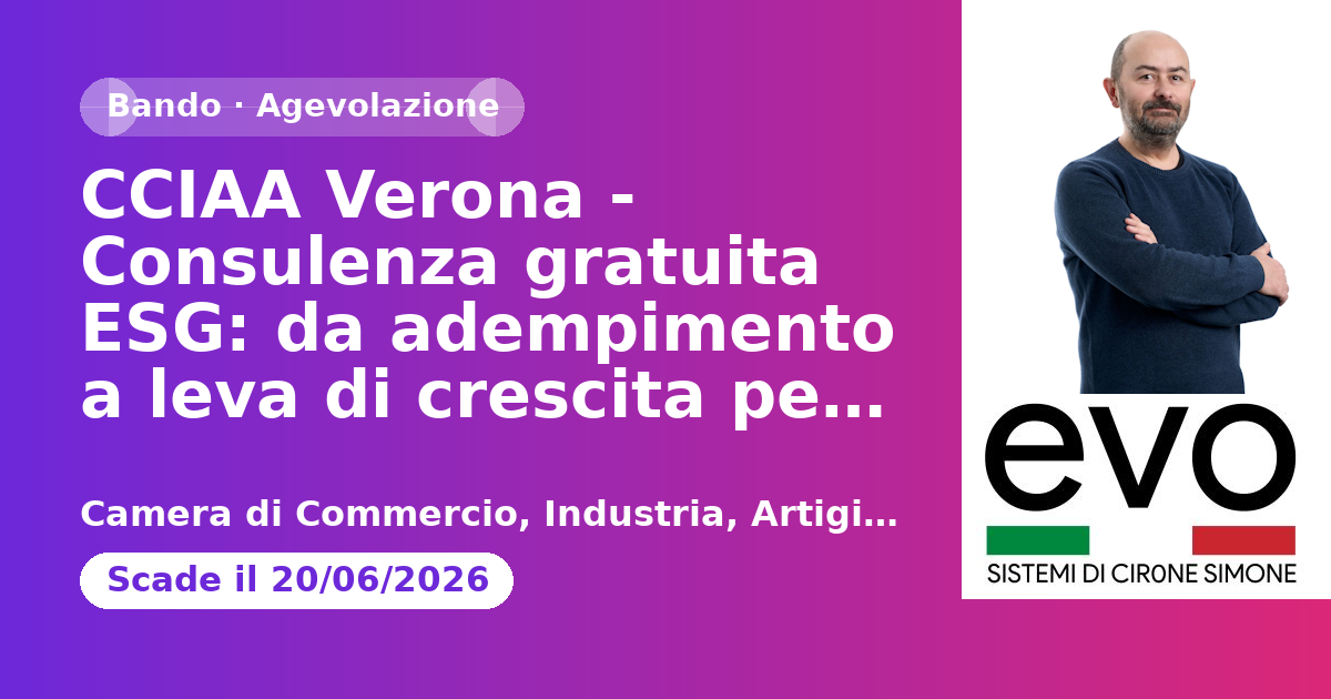 CCIAA Verona - Consulenza gratuita ESG: da adempimento a leva di crescita per la tua impresa