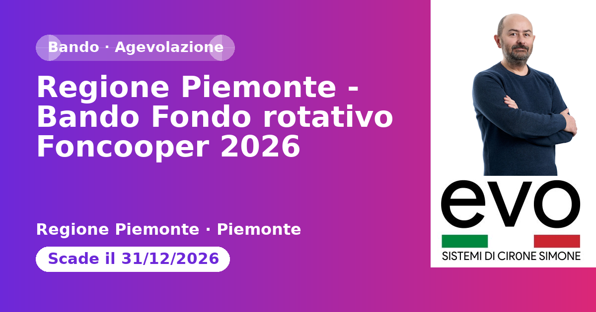 Regione Piemonte - Bando Fondo rotativo Foncooper 2026