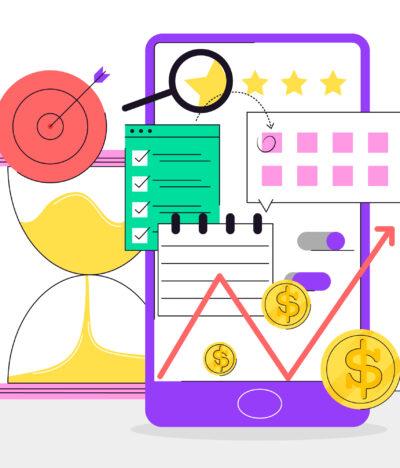 Crawl Budget - Web Agency Evo Sistemi Crawl Budget Illustrazione di uno smartphone che mostra varie icone di produttività e finanza, tra cui una lista di controllo, un calendario, un grafico in aumento, monete d'oro e una lente d'ingrandimento. Gli elementi di sfondo includono un bersaglio con una freccia e una clessidra, che simboleggia la definizione degli obiettivi e la gestione del tempo, ideale per chi si concentra sulle strategie SEO.
