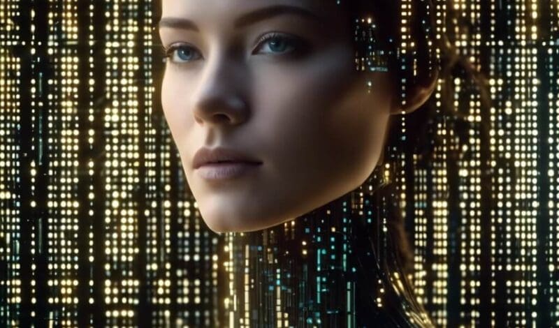 Una donna con un'espressione calma si trova su uno sfondo di codici digitali a cascata e luci splendenti. Il collo e la parte superiore del corpo sembrano integrati con la matrice digitale, fondendo la sua forma con l'ambiente tecnologico, suggerendo una fusione tra uomo e macchina.