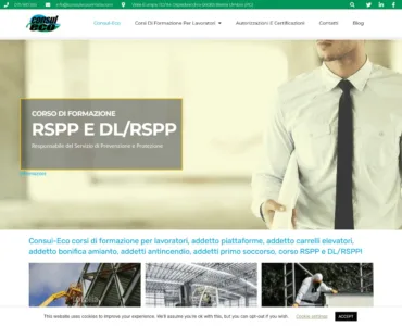 Consul-Eco La homepage di Consul-Eco presenta corsi e servizi di formazione. L'intestazione include le informazioni di contatto e un menu di navigazione. Il banner principale evidenzia i corsi per i servizi di sicurezza e tutela sul lavoro (RSPP e DL/RSPP).