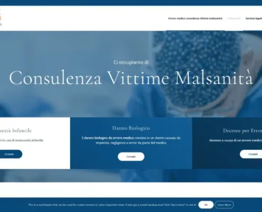 Errore Medico Errore Medico sito web a tema blu. L'intestazione recita "Errore Medico - Consulenze Vittime Malsanità" e mostra l'immagine di un medico. Le sezioni includono "Malsanità Infantile", "Danno Biologico" e "Decesso per Errore Medico", ciascuna con una breve descrizione e un pulsante "Contatti".
