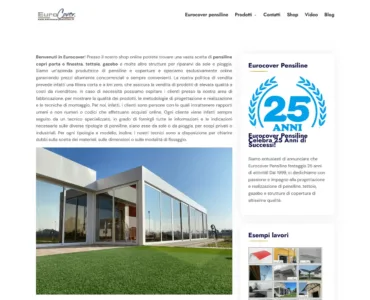 Eurocover Pensiline Una pagina web di Eurocover che mostra le loro offerte di pastine e pensiline. Include testo sui loro servizi, una grande immagine di un moderno edificio in vetro e una grafica celebrativa del 25° anniversario. Ci sono anche sezioni per progetti passati e collegamenti di navigazione in alto.