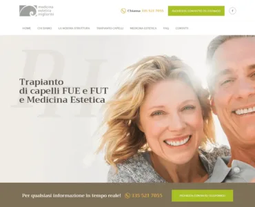 Medicina Estetica Migliorini Medicina Estetica Migliorini Un uomo e una donna sorridenti appaiono in primo piano sul sito web di "Medicina Estetica Rigenera". Nel testo del sito si parla di trapianto di capelli con tecniche FUE e FUT del Dott. Migliorini e di medicina estetica. Vengono visualizzate le informazioni di contatto e le opzioni per pianificare una chiamata.