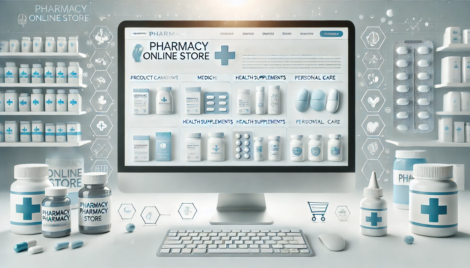 Un'illustrazione di un concetto di negozio di farmacia online caratterizzato da un monitor di computer che mostra l'interfaccia del negozio con una tenda a strisce. Intorno al monitor ci sono vari articoli farmaceutici come pillole, capsule, flaconi e un kit di pronto soccorso. Il testo recita "Negozio online di farmacia".