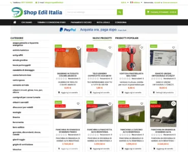 Shop Edil Italia Shop Edil Italia homepage del sito Shop Edil Italia. Visualizza vari prodotti legati all'edilizia in vendita, ordinati in categorie. Diversi articoli mostrano prezzi, immagini ed etichette rosse per sconti. Sono presenti una barra di navigazione, una pubblicità PayPal e un messaggio di consenso ai cookie.