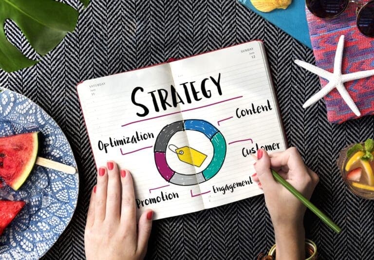 Strategie di Marketing Immagine vista dall'alto di una persona che disegna un grafico a torta colorato con l'etichetta "Strategia" su un taccuino. Le sezioni includono "Ottimizzazione", "Contenuti", "Cliente", "Coinvolgimento" e "Promozione". Nelle vicinanze ci sono fette di anguria, una stella marina, occhiali da sole e una bevanda su una superficie intrecciata.
