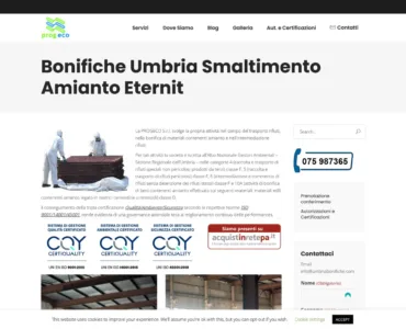 Umbria Bonifiche Umbria Bonifiche sito web per Progeco, azienda specializzata in bonifica e bonifiche amianto. Nella pagina sono evidenziati i servizi in tutta l'Umbria, le certificazioni e le informazioni di contatto. L'intestazione presenta il logo dell'azienda e sono presenti immagini di lavoratori in tute protettive che maneggiano materiali.
