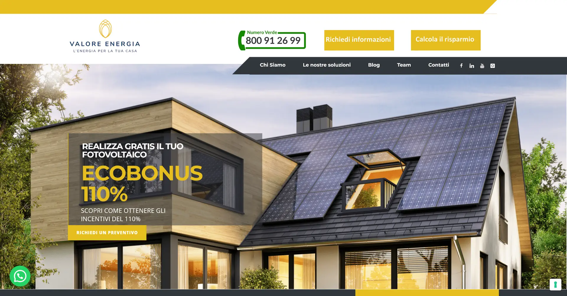 Screenshot della parte alta del sito Valore Energia, case study Evo Sistemi