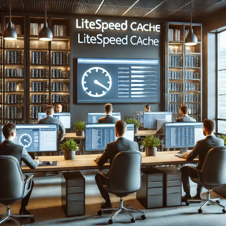 Ufficio moderno con diverse persone che lavorano alle scrivanie dei computer. Sulla parete è montato un grande schermo che mostra "LiteSpeed Cache" e un indicatore di caricamento, evidenziando gli sforzi compiuti per ottimizzare la velocità dei siti WordPress. Scaffali di libri sono allineati lungo le pareti e le piante sono posizionate tra le postazioni di lavoro.