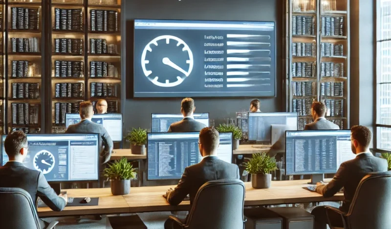 Ufficio moderno con diverse persone che lavorano alle scrivanie dei computer. Sulla parete è montato un grande schermo che mostra "LiteSpeed Cache" e un indicatore di caricamento, evidenziando gli sforzi compiuti per ottimizzare la velocità dei siti WordPress. Scaffali di libri sono allineati lungo le pareti e le piante sono posizionate tra le postazioni di lavoro.