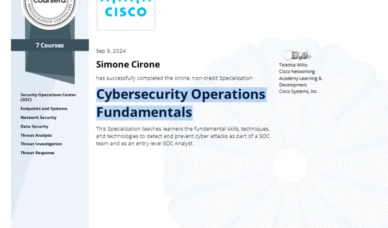 Certificazione Cisco Cybersecurity Operations Fundamentals Simone Cirone