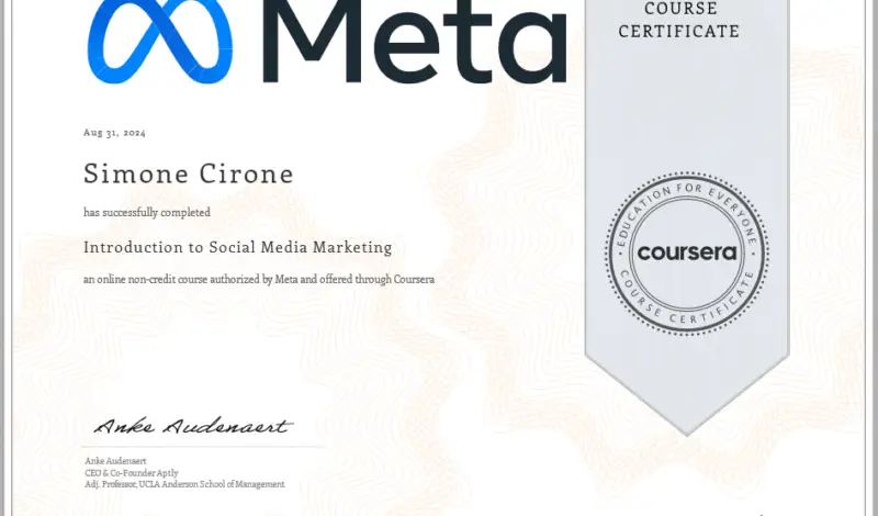 Certificazione Meta Introduction to Social Media Marketing Simone Cirone