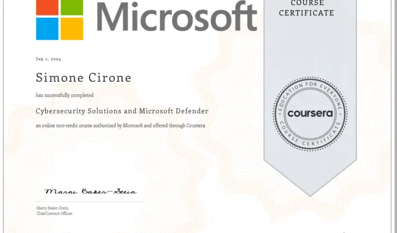 Certificazione Microsoft Cybersecurity Solutions and Microsoft Defender Simone Cirone