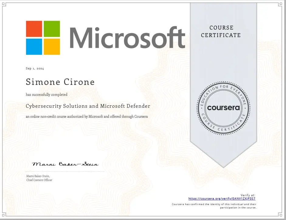 Certificazione Microsoft Cybersecurity Solutions and Microsoft Defender Simone Cirone
