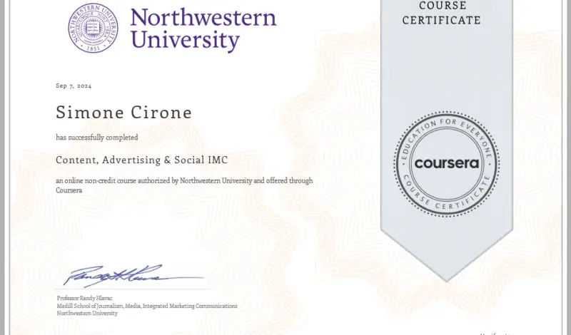 Simone Cirone Ottiene la Certificazione "Content, Advertising & Social IMC" della Northwestern University