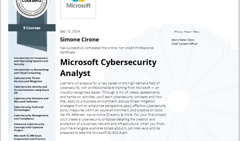 Microsoft Cybersecurity Analyst Professional Certificate Simone Cirone