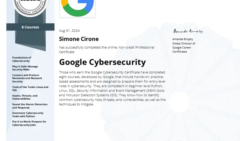 Simone Cirone completa la certificazione Google Cybersecurity su Coursera