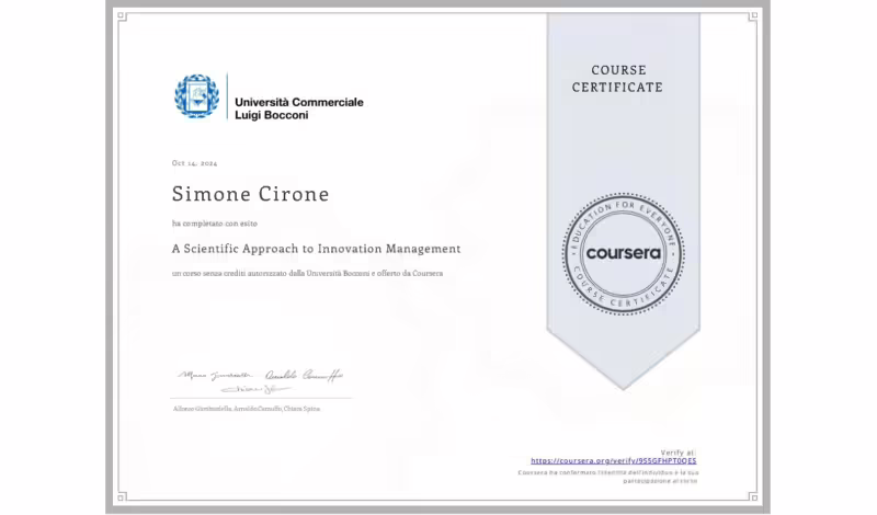 Certificato Università Bocconi A Scientific Approach to Innovation Management Simone Cirone