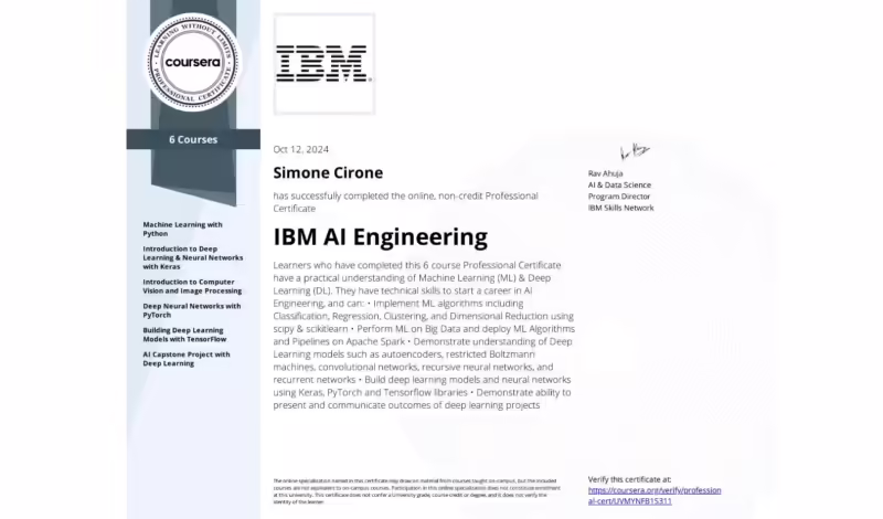 Simone Cirone ha ottenuto l'IBM AI Engineering Professional Certificate! Grazie a questa certificazione, Simone ha acquisito competenze avanzate in Machine Learning, Deep Learning e Big Data, utilizzando strumenti come Python, Keras, PyTorch e TensorFlow. Queste conoscenze ci permettono di offrire soluzioni AI su misura per automatizzare processi, migliorare l'analisi dei dati e ottimizzare l'esperienza utente.