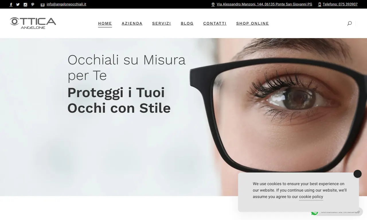 Screenshot della parte alta del sito Angelone Occhiali, case study Evo Sistemi