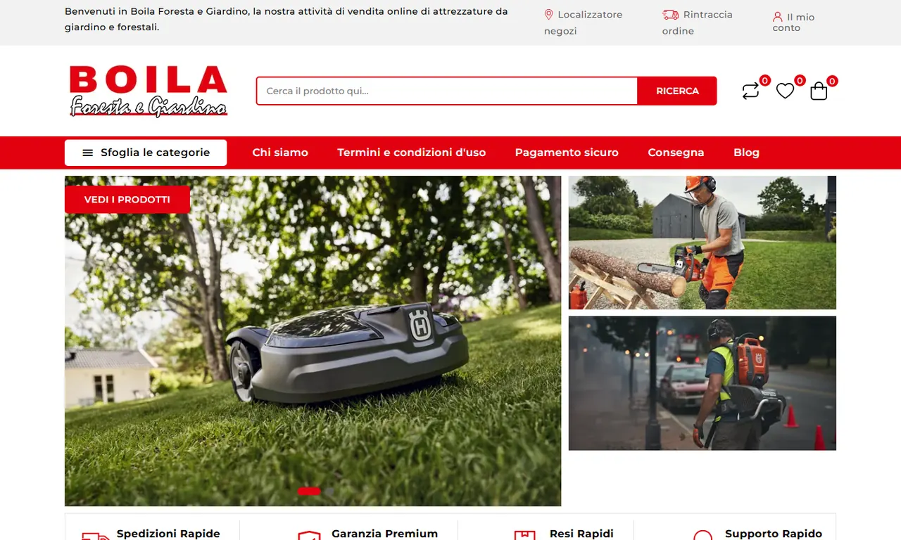 Screenshot della parte alta del sito Boila Foresta e Giardino, case study Evo Sistemi