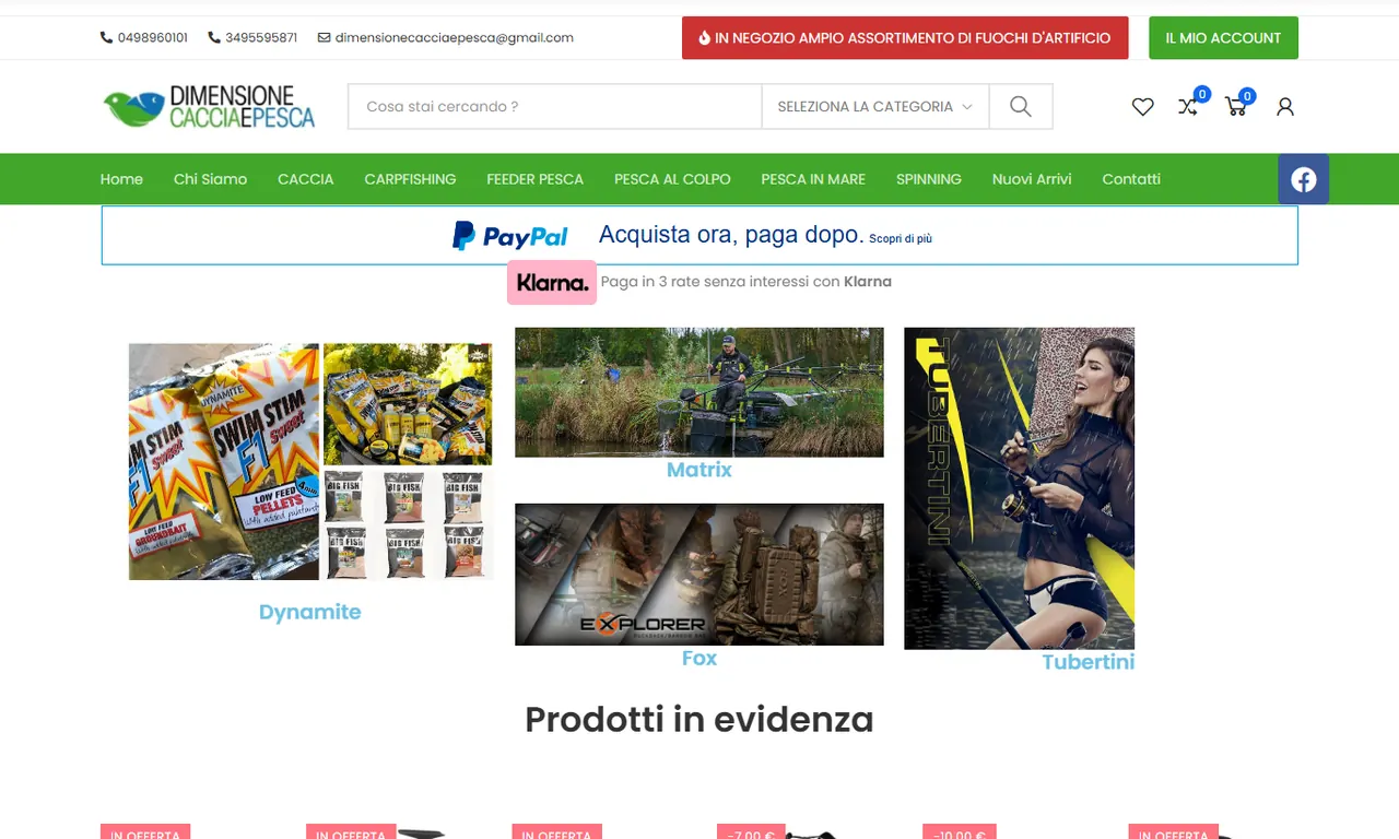 Screenshot della parte alta del sito Dimensione Caccia e Pesca, case study Evo Sistemi