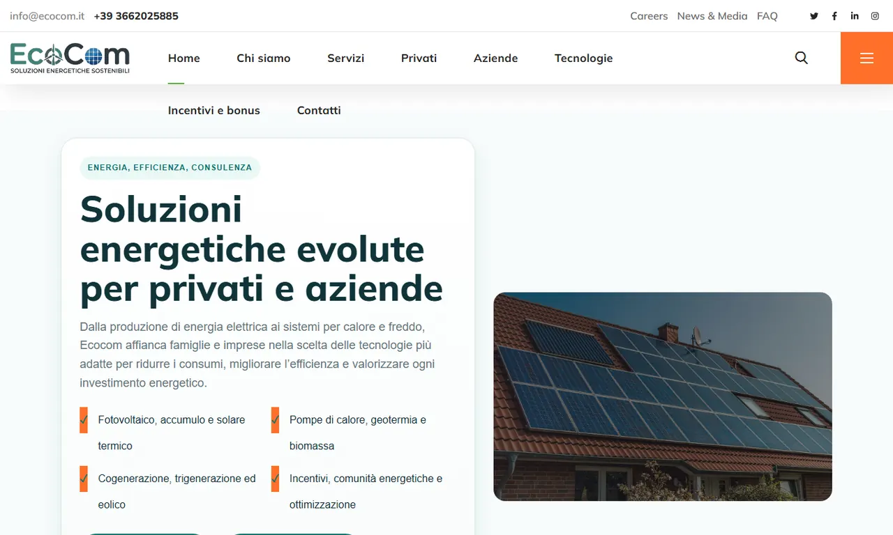 Screenshot della parte alta del sito Ecocom Energia, case study Evo Sistemi