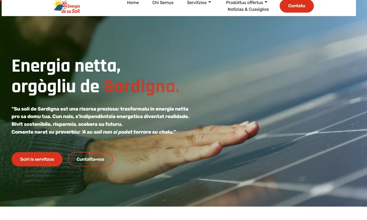 Screenshot della parte alta del sito Energia de su Soli, case study Evo Sistemi