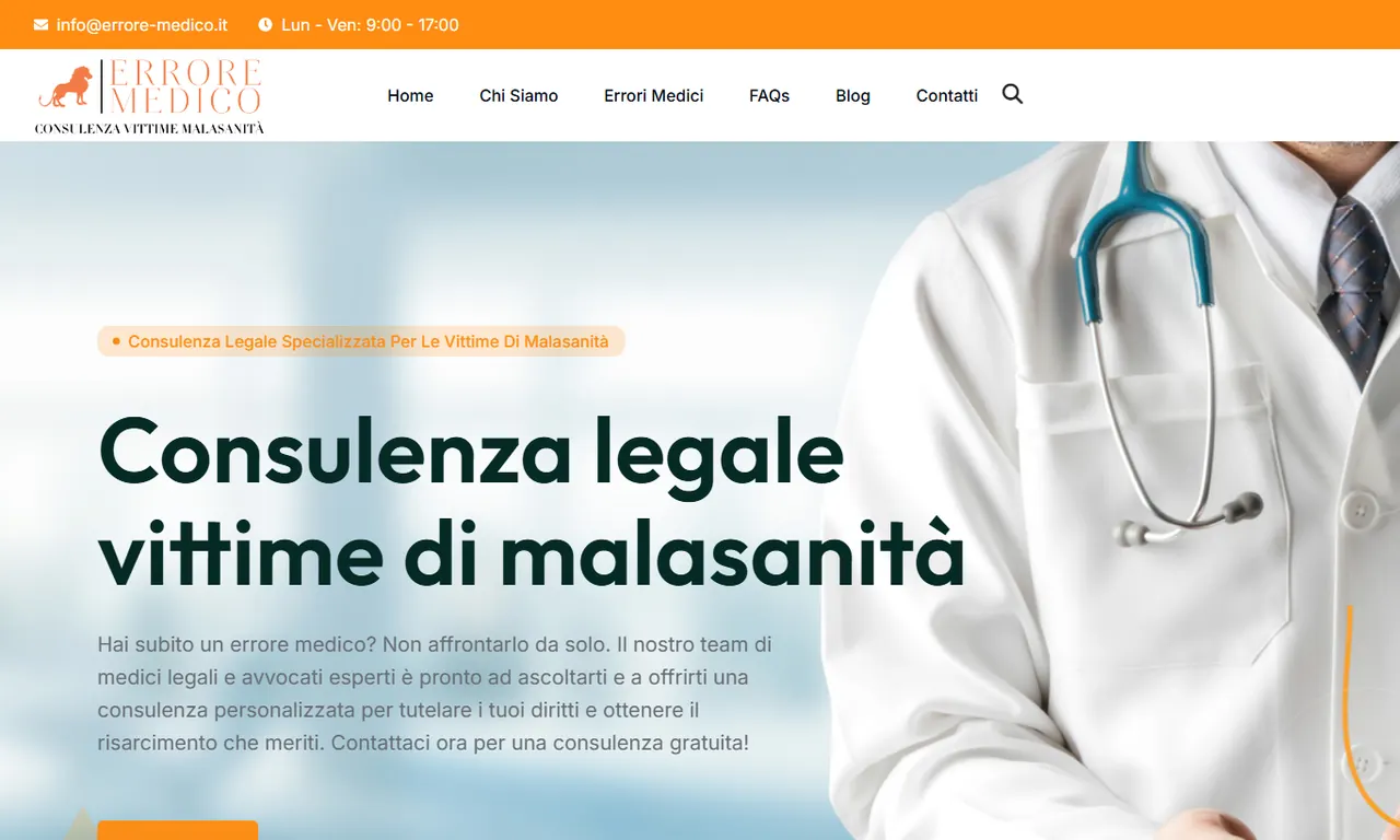 Screenshot della parte alta del sito Errore Medico, case study Evo Sistemi