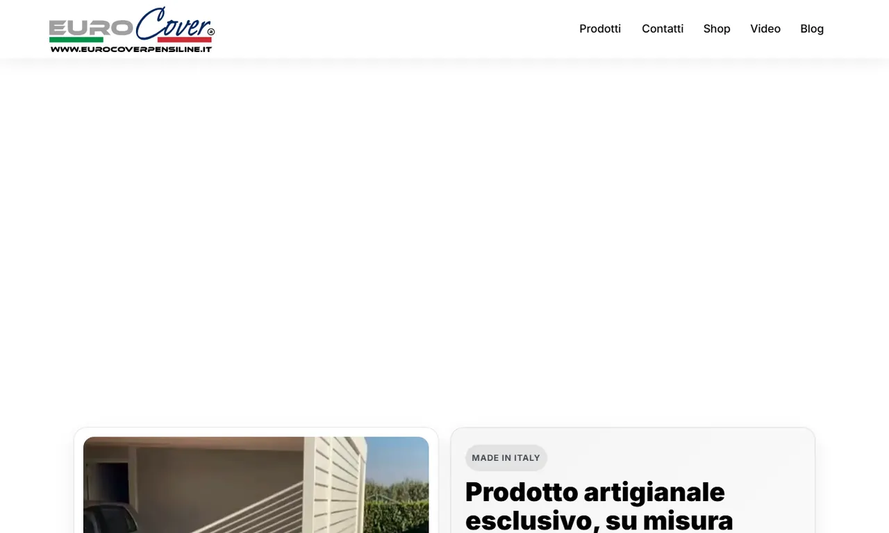 Screenshot della parte alta del sito Eurocover Pensiline, case study Evo Sistemi