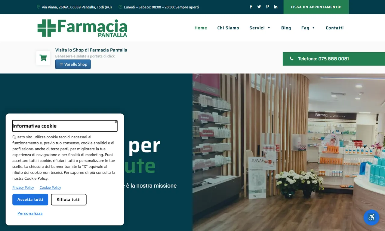 Screenshot della parte alta del sito Farmacia Pantalla, case study Evo Sistemi