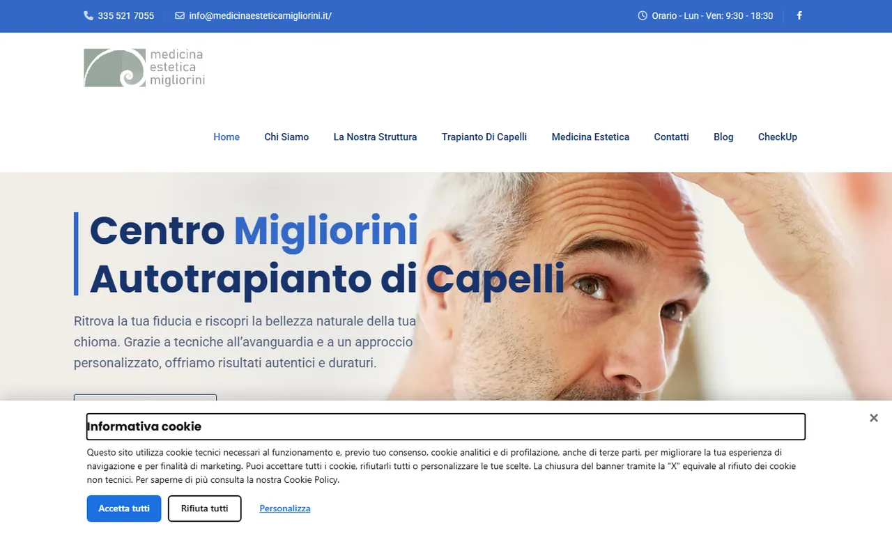 Screenshot della parte alta del sito Medicina Estetica Migliorini, case study Evo Sistemi