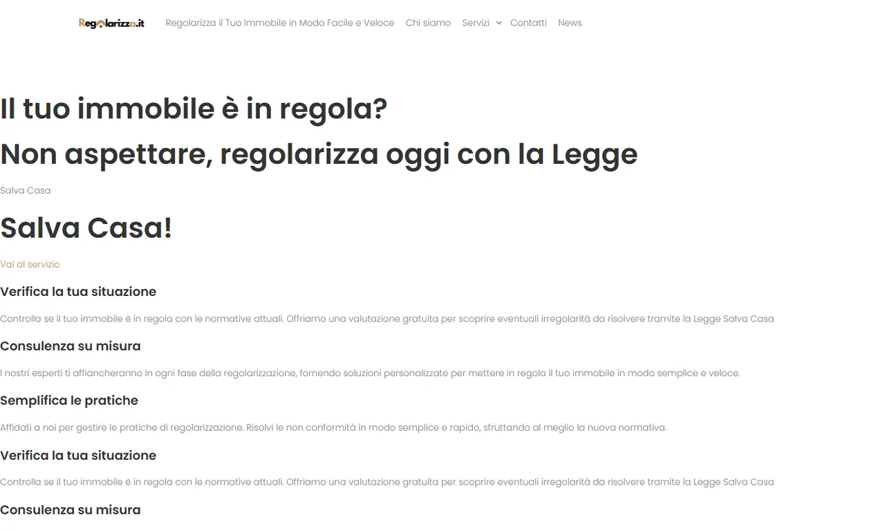 Screenshot della parte alta del sito Regolarizza, case study Evo Sistemi