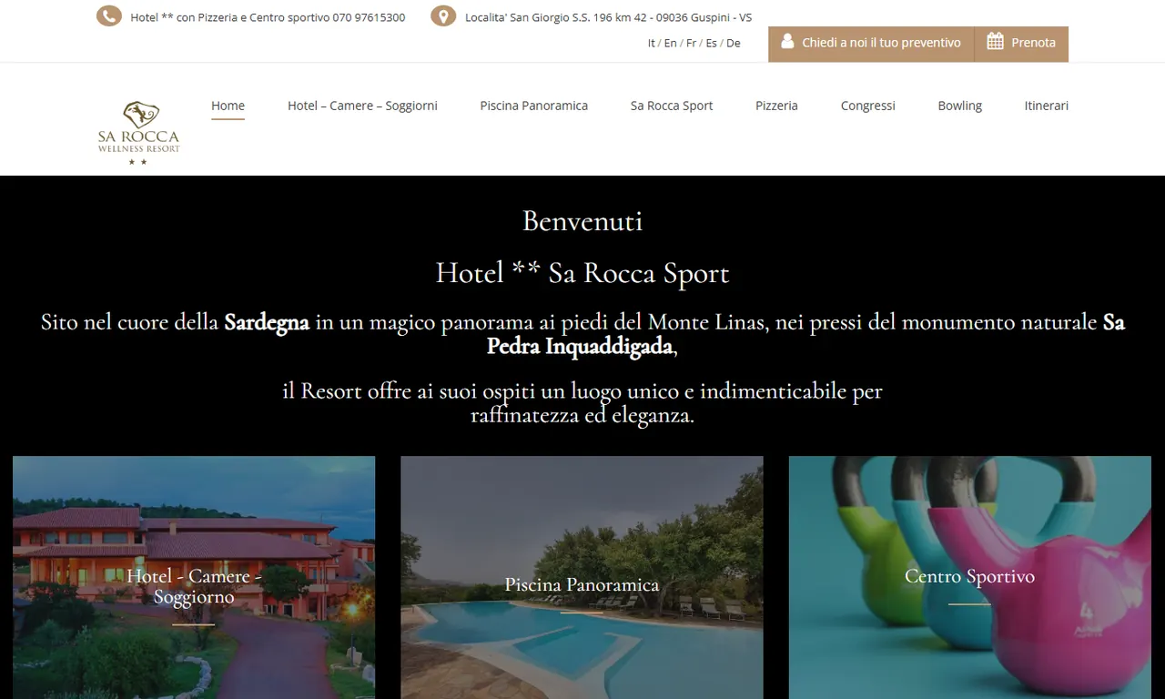 Screenshot della parte alta del sito Sa Rocca Hotel & Resort, case study Evo Sistemi