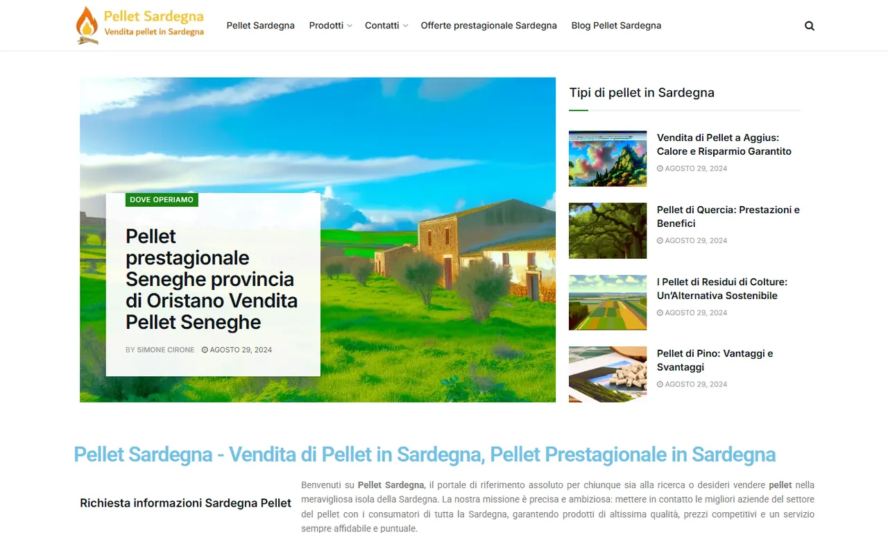 Screenshot della parte alta del sito Sardegna Pellet, case study Evo Sistemi