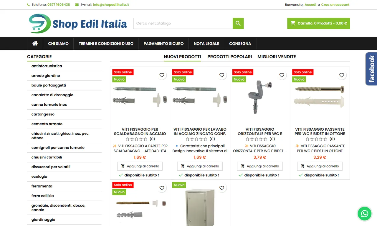 Screenshot della parte alta del sito Shop Edil Italia, case study Evo Sistemi