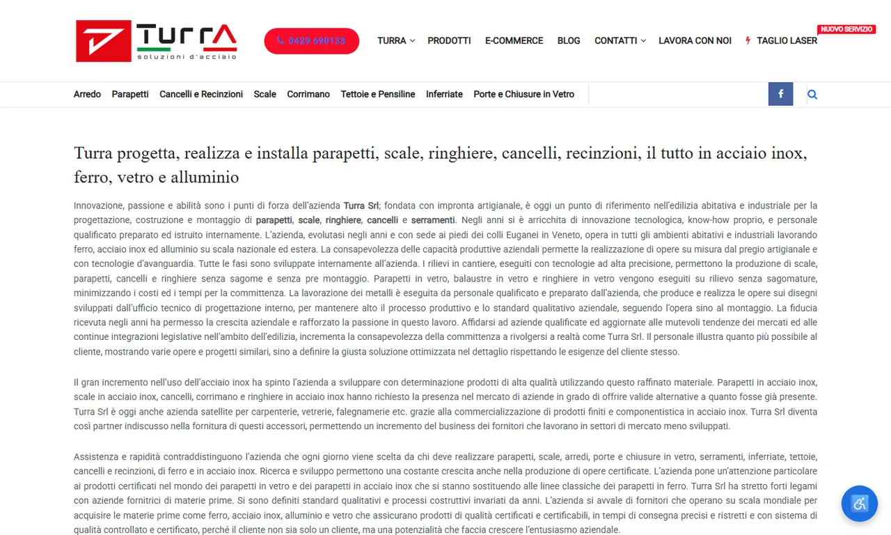 Screenshot della parte alta del sito Turra, case study Evo Sistemi