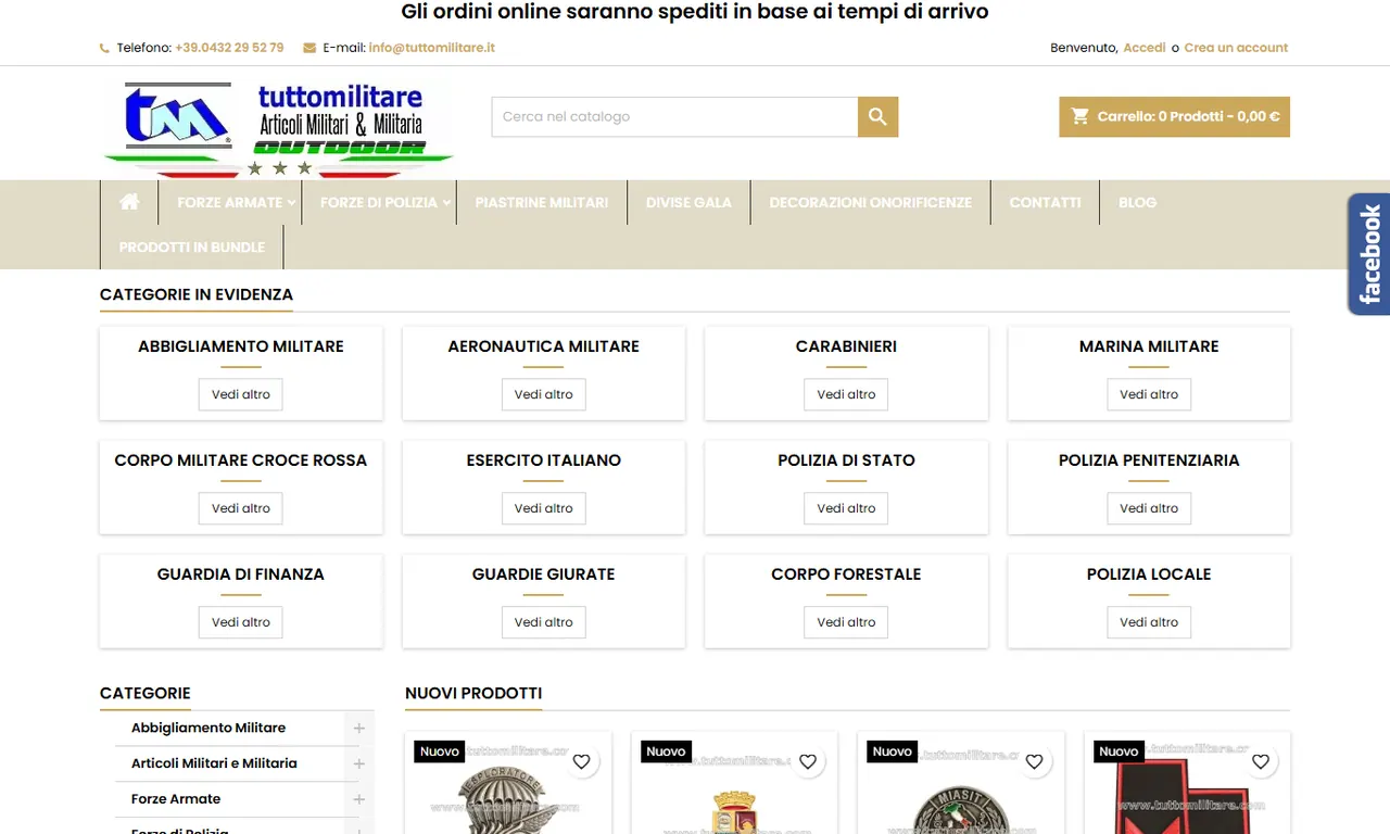 Screenshot della parte alta del sito Tutto Militare, case study Evo Sistemi