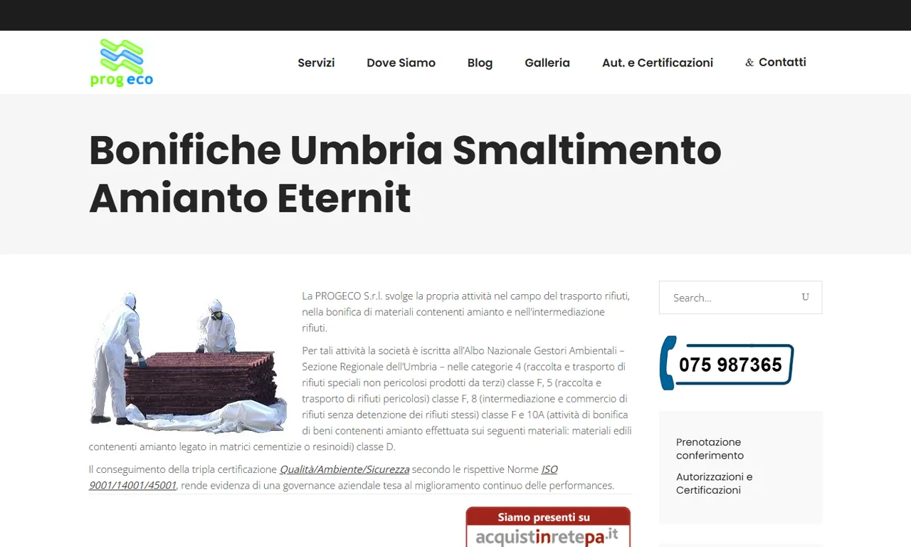 Homepage Umbria Bonifiche con percorso per servizi ambientali e richieste locali