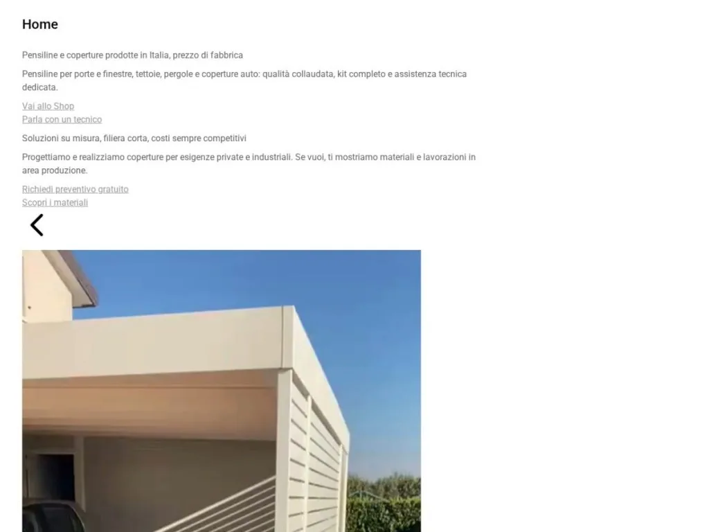 Screenshot del sito Eurocover Pensiline