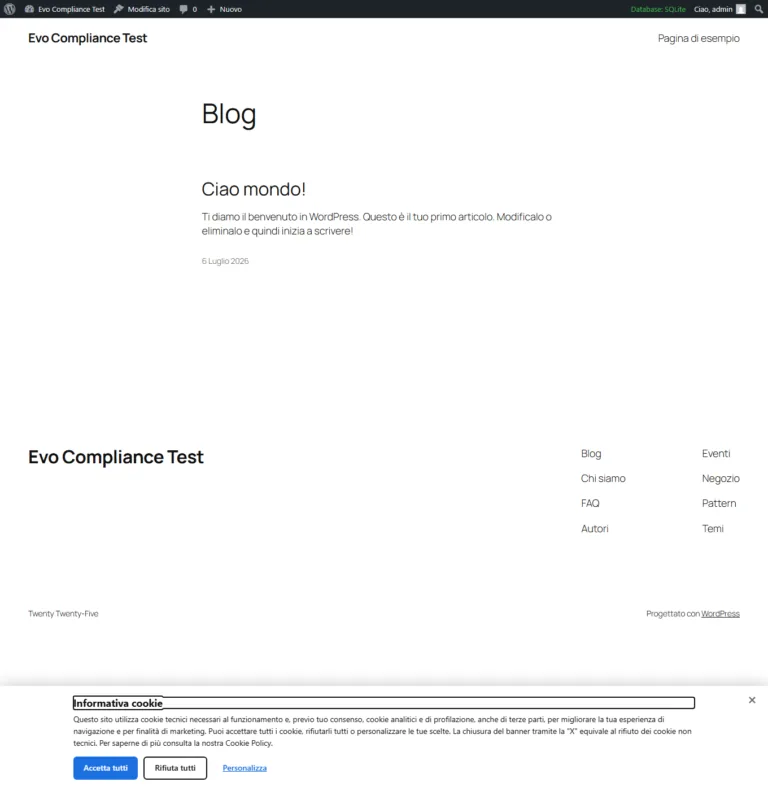 Banner cookie di Evo Compliance su un sito WordPress: Accetta tutti, Rifiuta tutti e Personalizza con la stessa evidenza