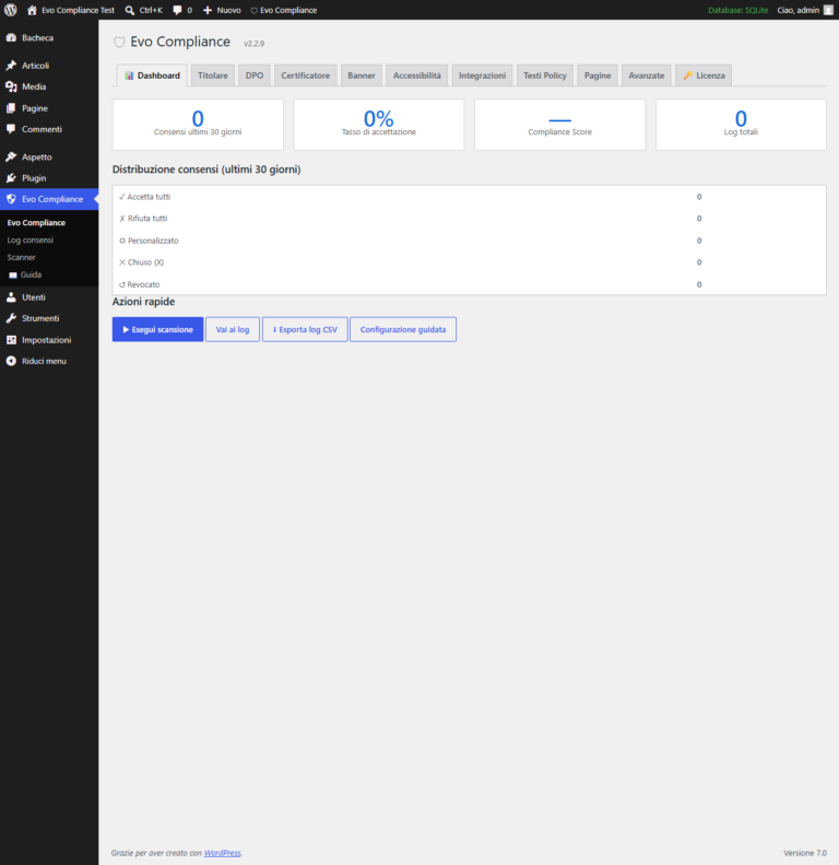 Dashboard del plugin WordPress Evo Compliance con statistiche dei consensi