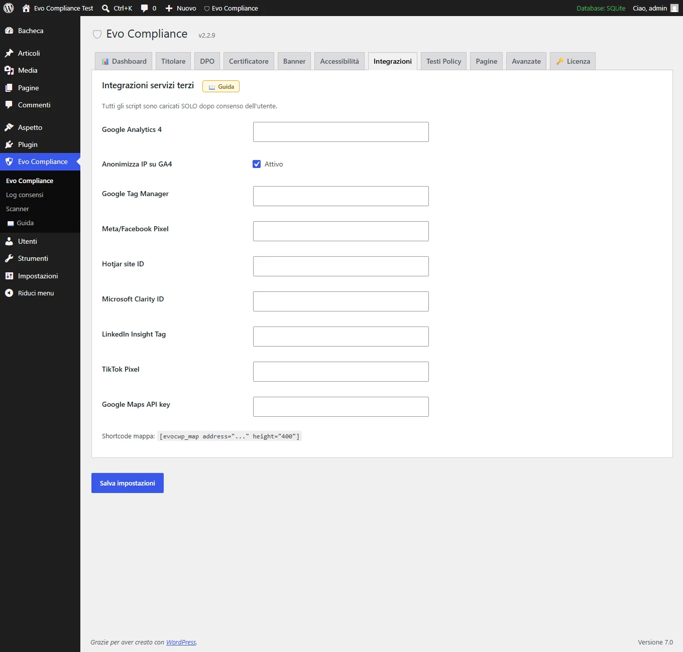 Tab Integrazioni di Evo Compliance: GA4, Tag Manager, Meta Pixel, Hotjar, Clarity caricati solo dopo il consenso