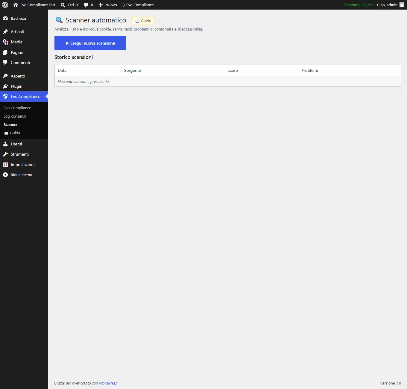 Scanner automatico di Evo Compliance: analizza il sito e individua cookie, servizi terzi e problemi di conformita