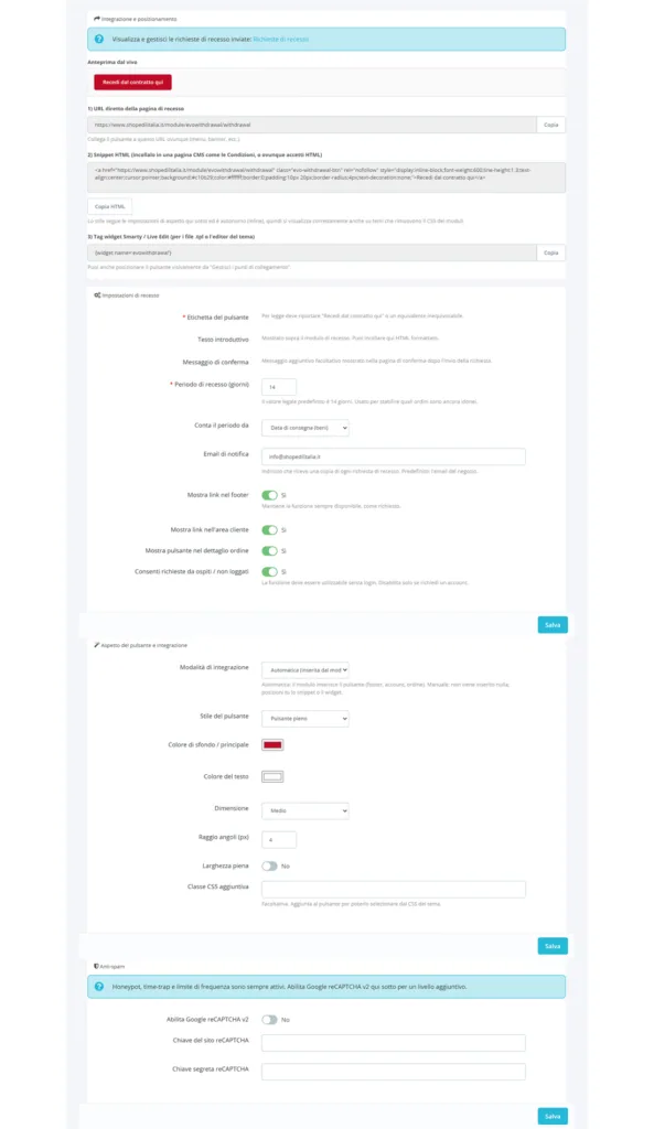 Back office PrestaShop con le impostazioni del modulo Evo Pulsante di Recesso