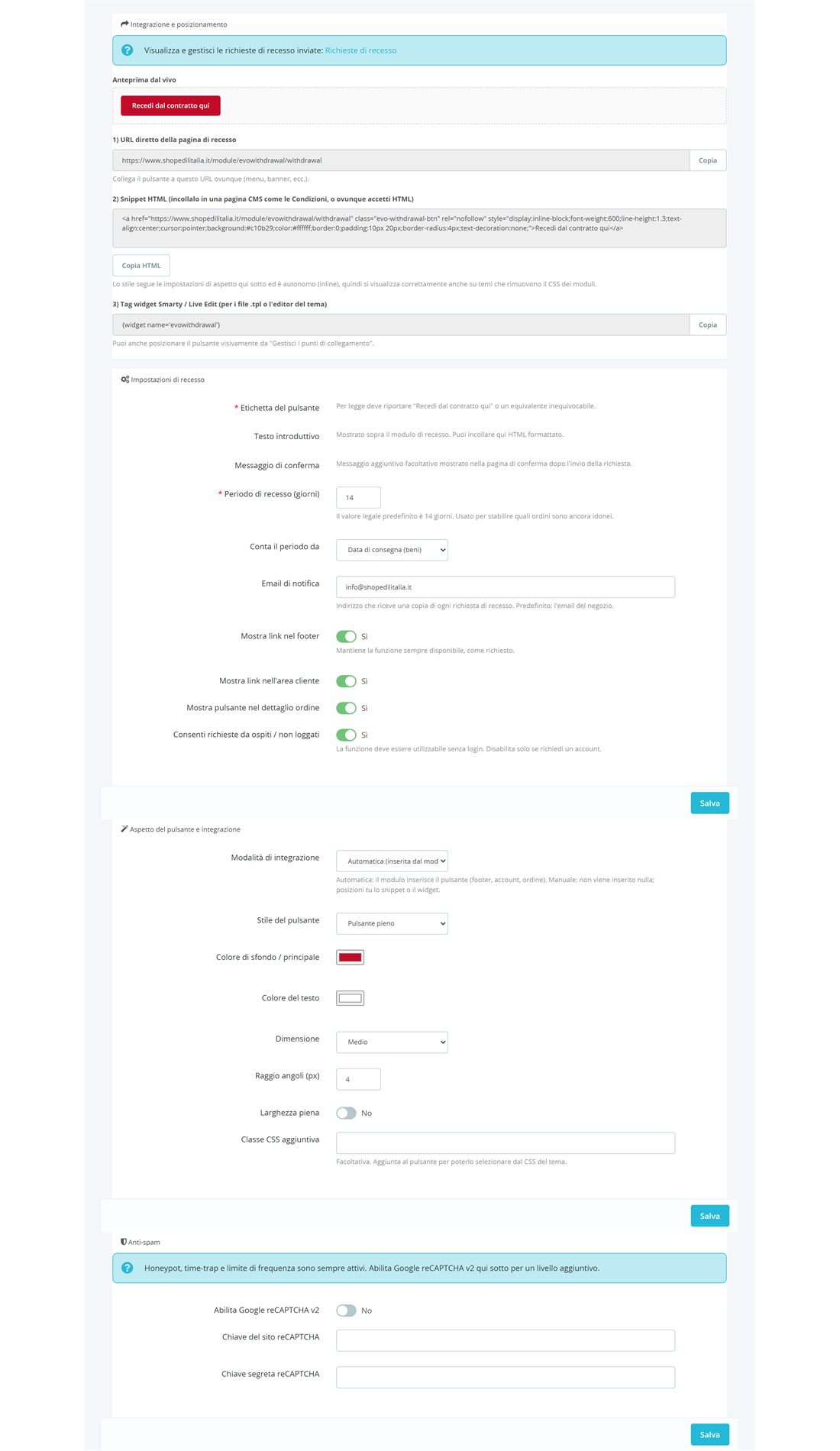 Pannello di configurazione del modulo Evo Recesso nel back office PrestaShop: posizionamento, periodo di recesso, aspetto del pulsante e antispam