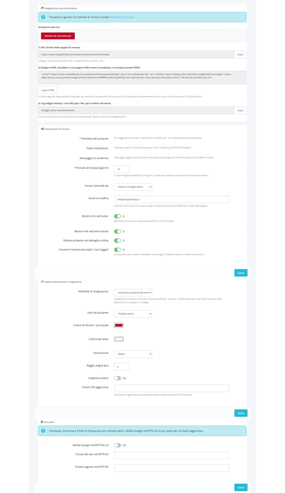 Pannello di configurazione del modulo Evo Recesso nel back office PrestaShop: posizionamento, periodo di recesso, aspetto del pulsante e antispam