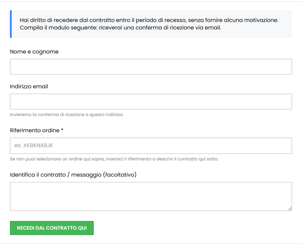 Form di recesso su un negozio PrestaShop generato dal modulo Evo Pulsante di Recesso