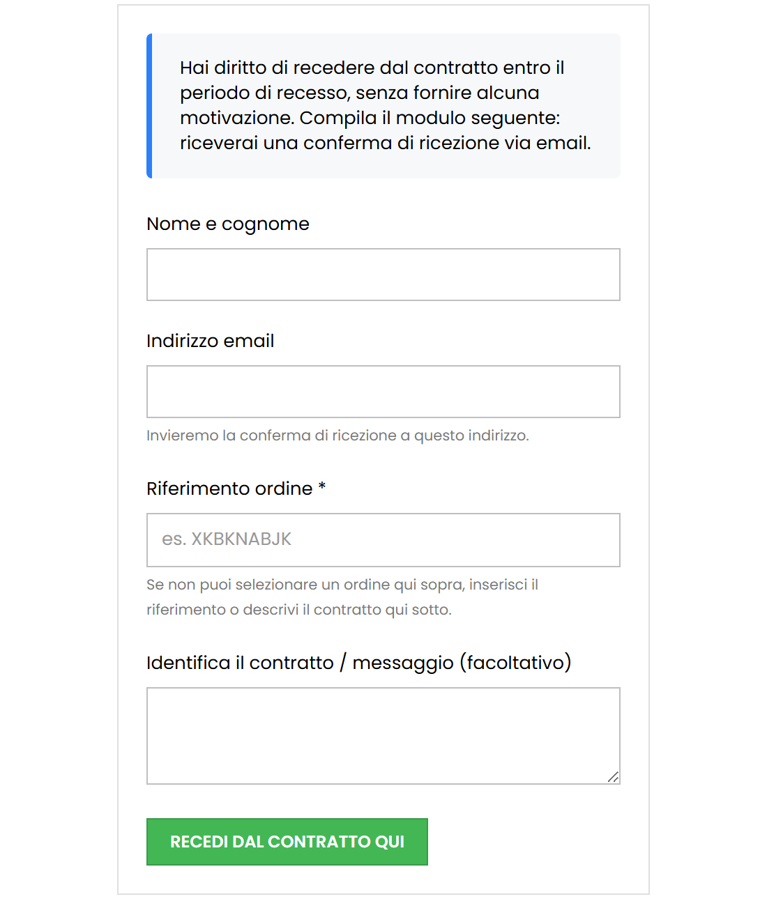 Modulo di recesso Evo su smartphone: layout responsive del form di recesso